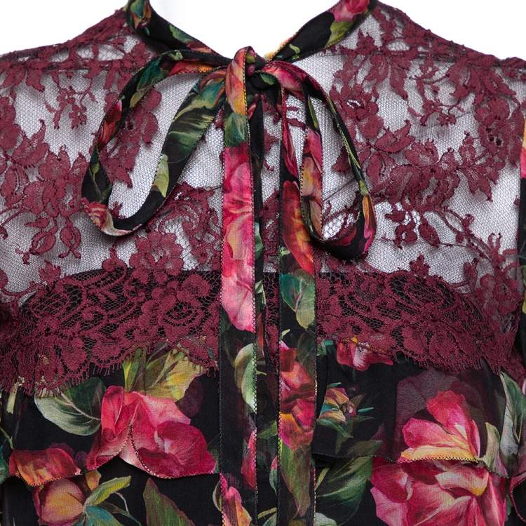 Pre Owned Dolce & Gabbana Multicolor Silk & Lace Neck Tie Detail Sheer Top S