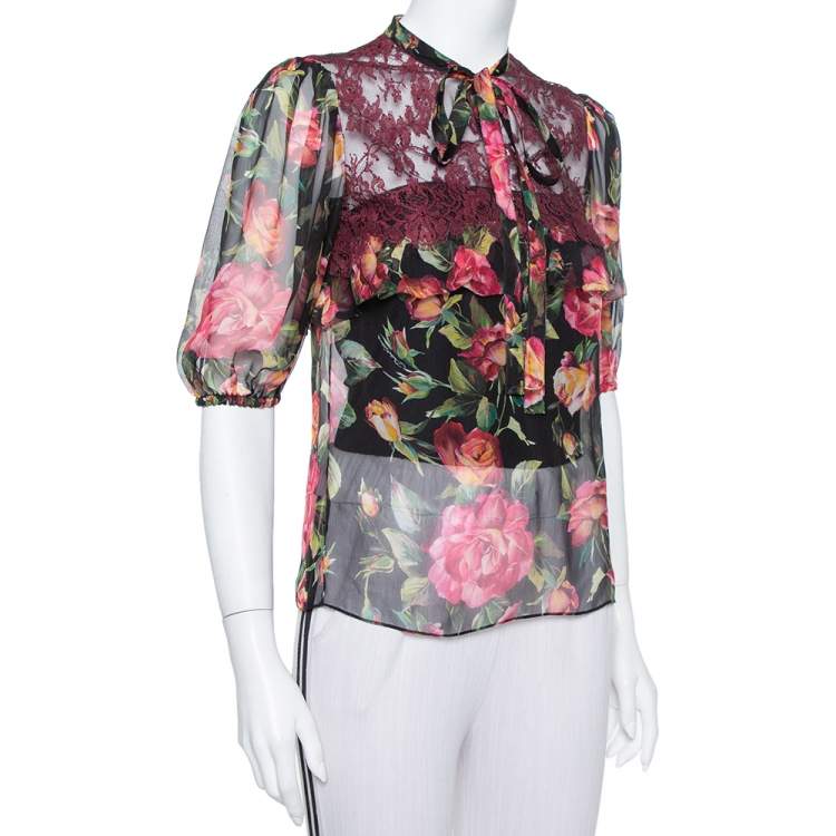 Pre Owned Dolce & Gabbana Multicolor Silk & Lace Neck Tie Detail Sheer Top S