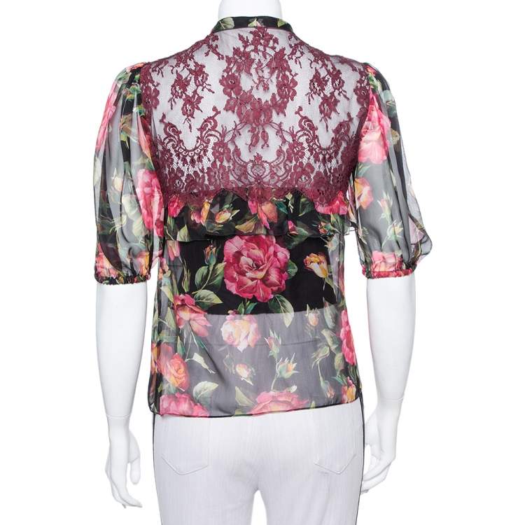 Pre Owned Dolce & Gabbana Multicolor Silk & Lace Neck Tie Detail Sheer Top S