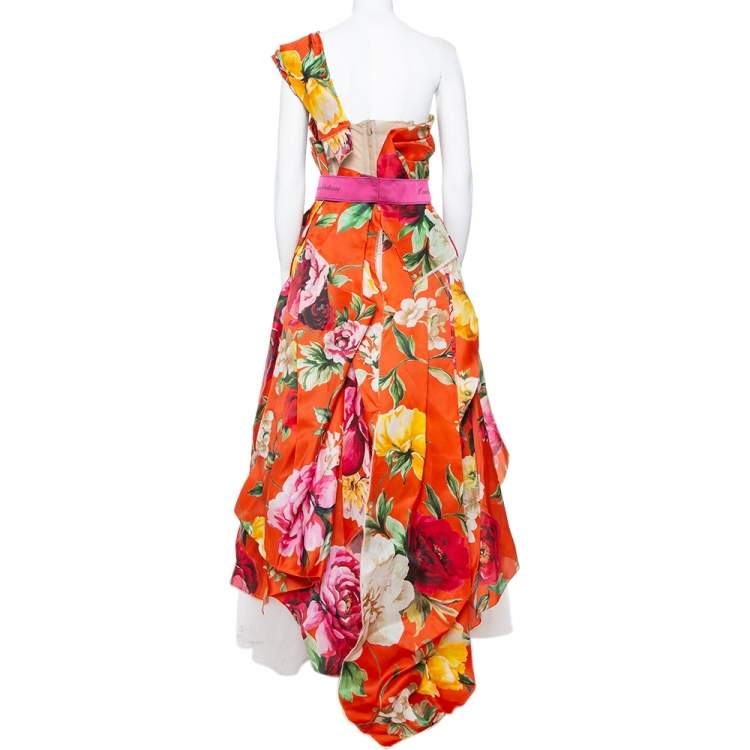 Pre Owned Dolce & Gabbana Red Floral Print Silk One Shoulder Gown M