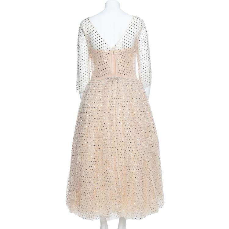 Pre Owned Dolce & Gabbana Cream Crystal Embellished Tulle Evening Gown L