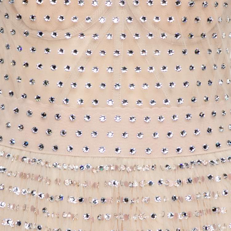 Pre Owned Dolce & Gabbana Cream Crystal Embellished Tulle Evening Gown L