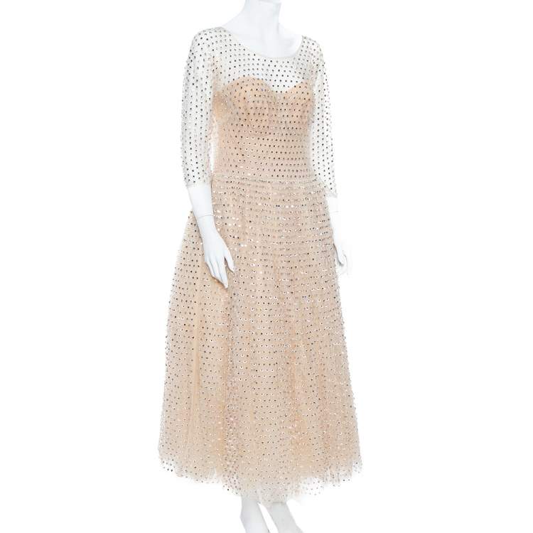 Pre Owned Dolce & Gabbana Cream Crystal Embellished Tulle Evening Gown L