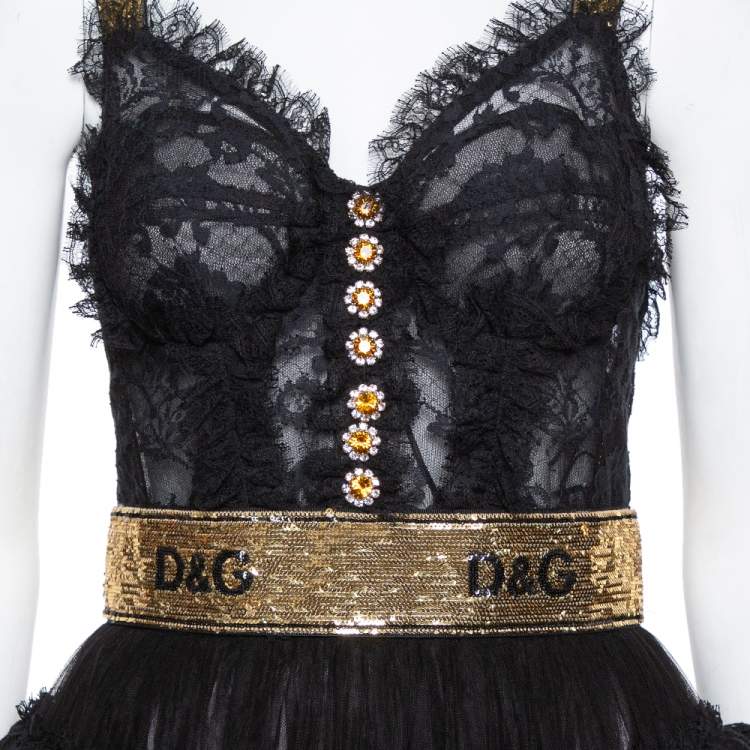 Pre Owned Dolce & Gabbana Black Floral Lace & Tulle Sequin Embellished Tiered Evening Gown S