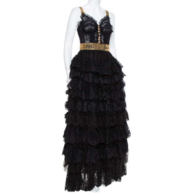 Pre Owned Dolce & Gabbana Black Floral Lace & Tulle Sequin Embellished Tiered Evening Gown S