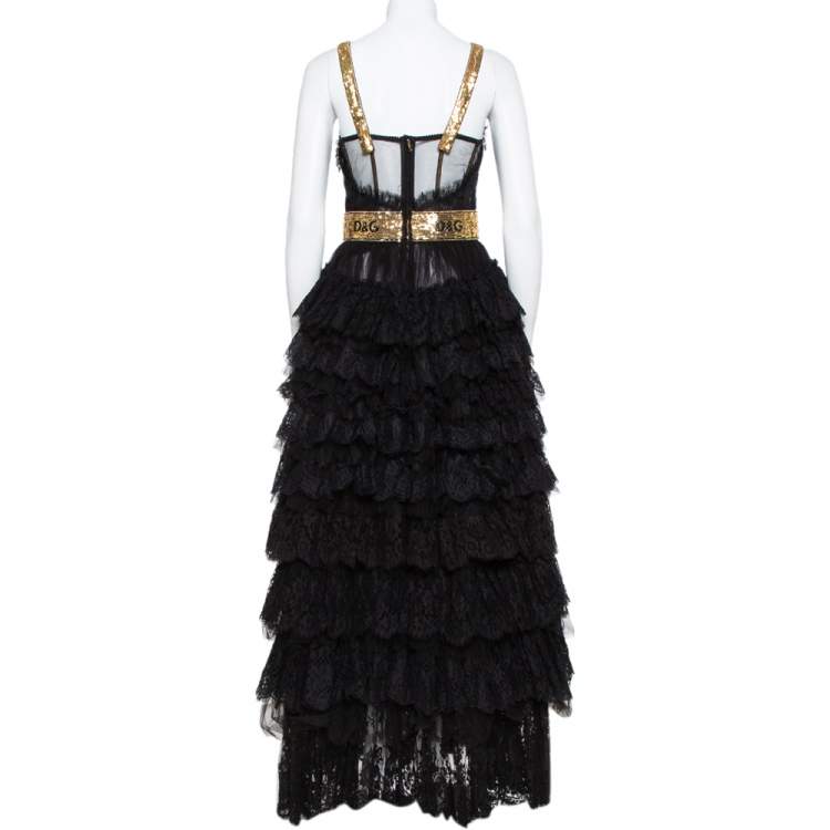 Pre Owned Dolce & Gabbana Black Floral Lace & Tulle Sequin Embellished Tiered Evening Gown S