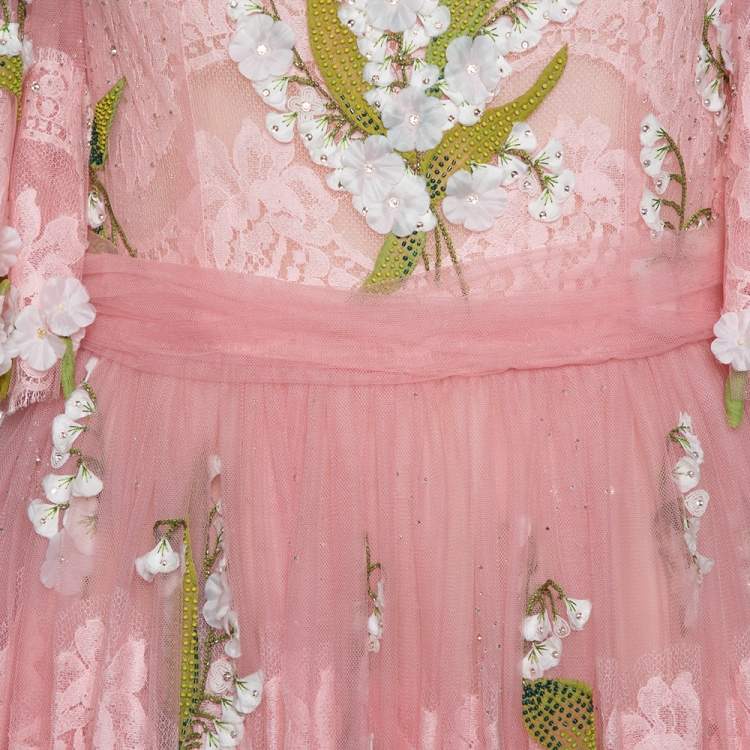 Pre Owned Dolce & Gabbana Pink Tulle Floral Applique Detail Maxi Dress M
