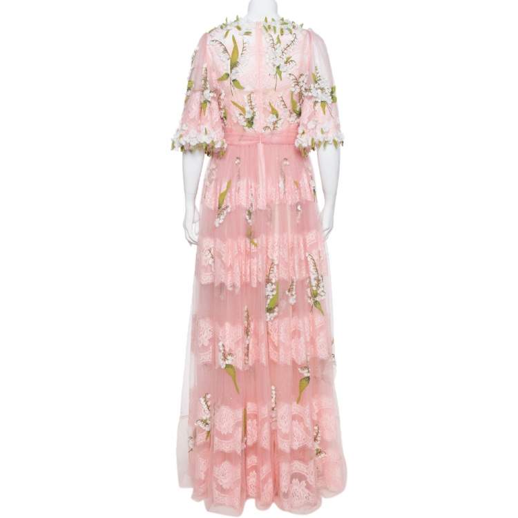 Pre Owned Dolce & Gabbana Pink Tulle Floral Applique Detail Maxi Dress M