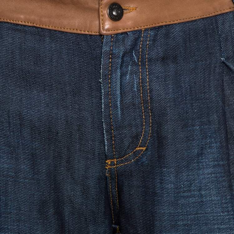 Pre Owned D&G Navy Blue Denim Leather Trim Detail Oversized Shorts M