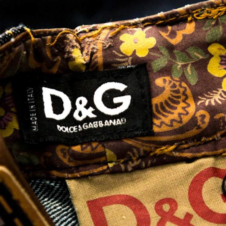 Pre Owned D&G Navy Blue Denim Leather Trim Detail Oversized Shorts M