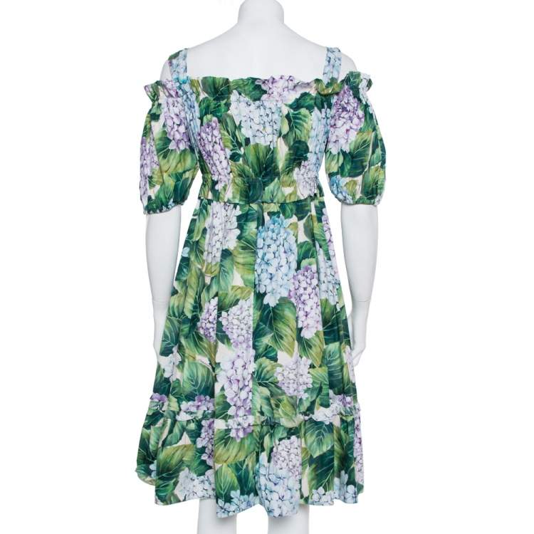 Pre Owned Dolce & Gabbana Hydrangea Print Cotton Poplin Elasticized Waist Cold Shoulder Dress S