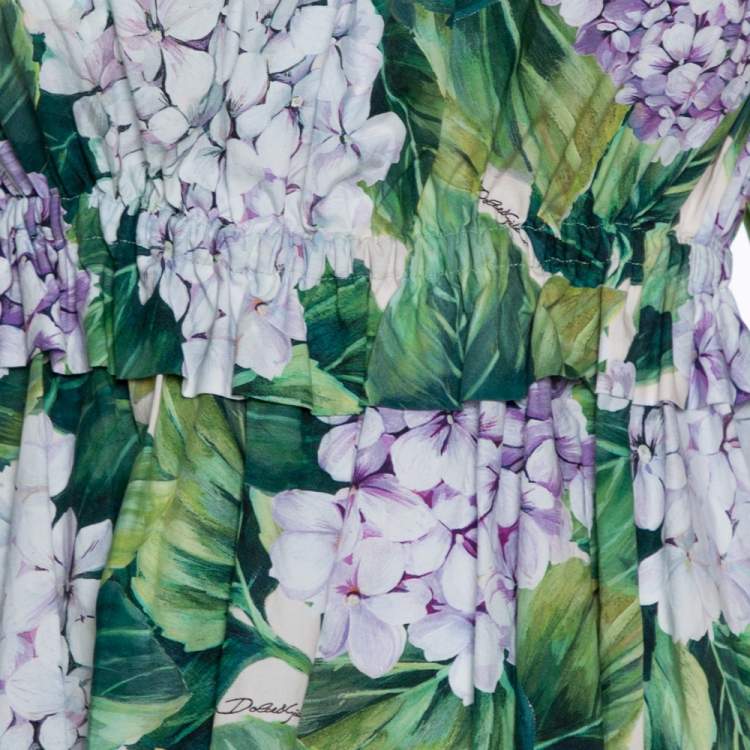 Pre Owned Dolce & Gabbana Hydrangea Print Cotton Poplin Elasticized Waist Cold Shoulder Dress S