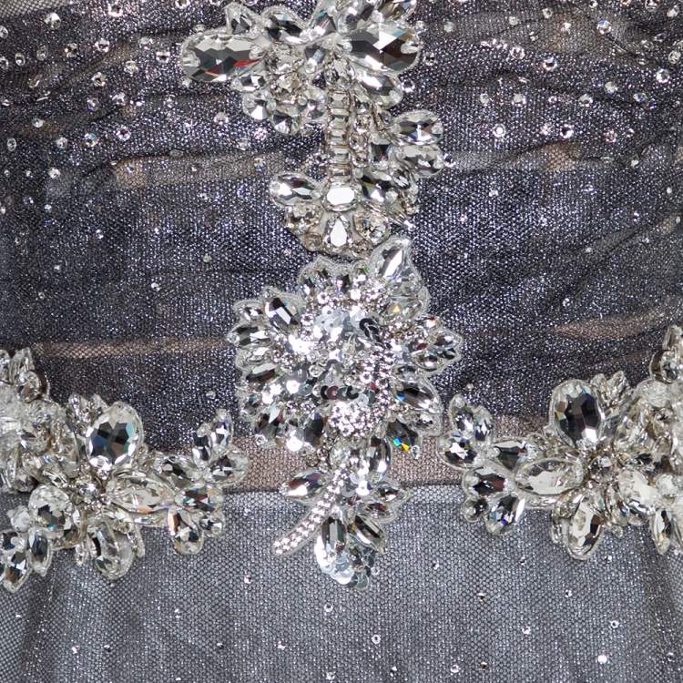 Pre Owned Dolce & Gabbana Silver Tulle Crystal Embellished Mermaid Evening Gown M