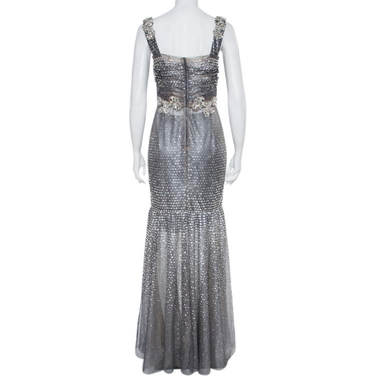 Pre Owned Dolce & Gabbana Silver Tulle Crystal Embellished Mermaid Evening Gown M