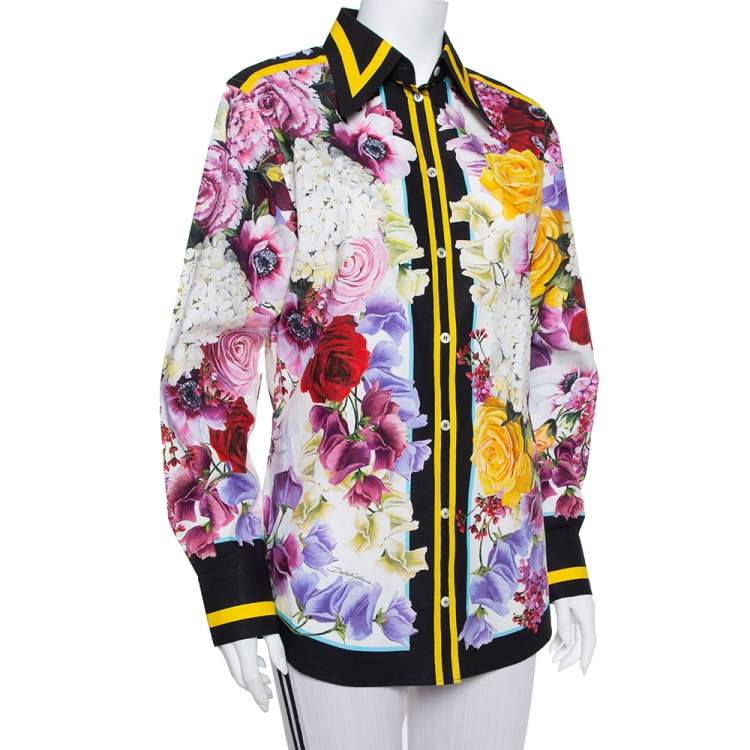 Pre Owned Dolce & Gabbana Multicolor Floral Printed Cotton Contrast Trim Detail Shirt M