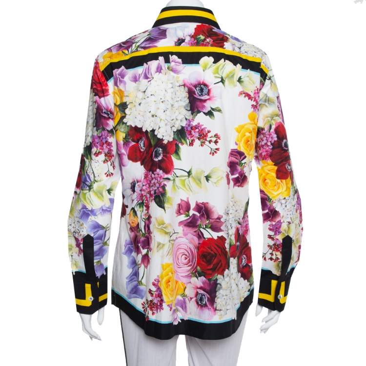 Pre Owned Dolce & Gabbana Multicolor Floral Printed Cotton Contrast Trim Detail Shirt M
