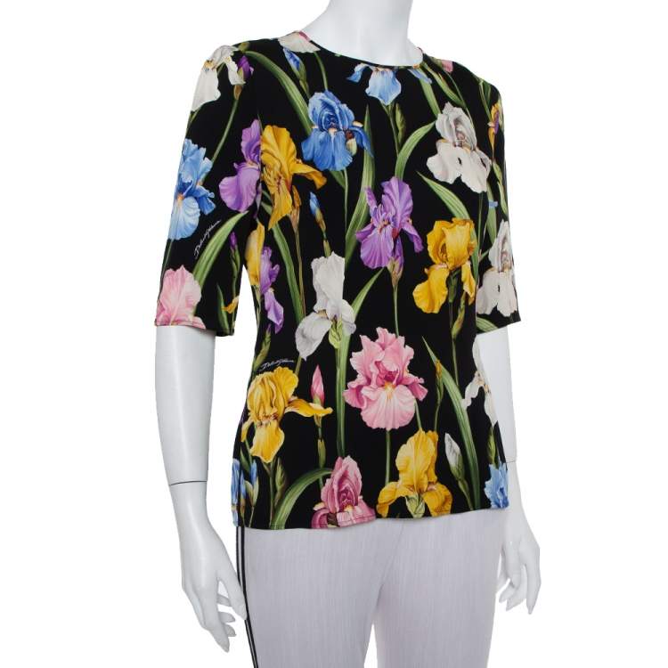 Pre Owned Dolce & Gabbana Black Floral Printed Silk Top L