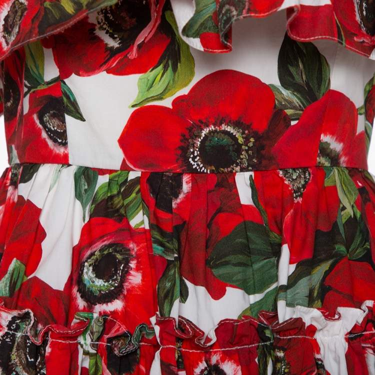 Pre Owned Dolce & Gabbana Red Floral Printed Cotton Ruffled Off Shoulder Mini Dress XS