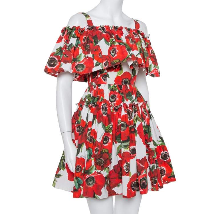 Louis Vuitton Red/Black Cotton Short Sleeve Floral Print Dress Size Xs