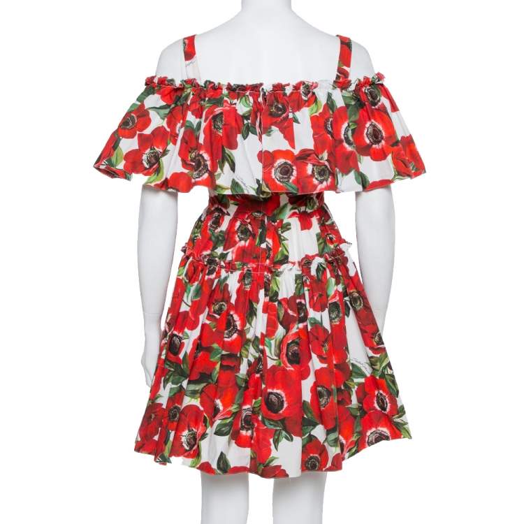 Pre Owned Dolce & Gabbana Red Floral Printed Cotton Ruffled Off Shoulder Mini Dress XS
