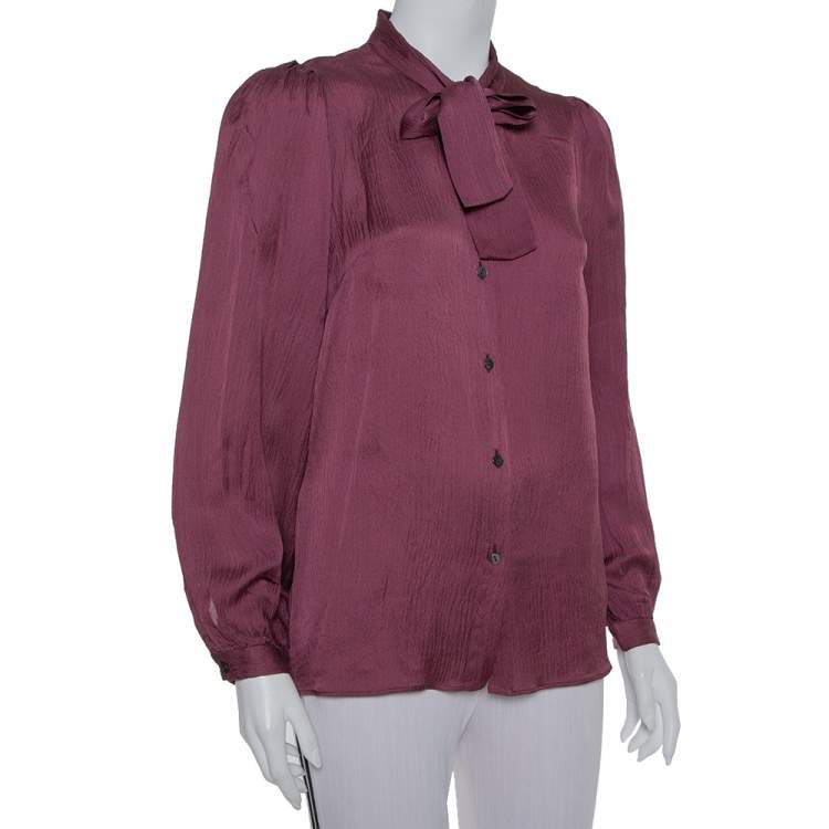 Pre Owned Dolce & Gabbana Mahogany Red Crushed Silk Neck Tie Detail Button Front Top M