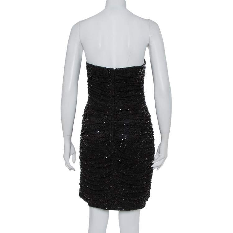 Pre Owned Dolce & Gabbana Black Sequin Embellished Tulle Ruched Strapless Mini Dress L
