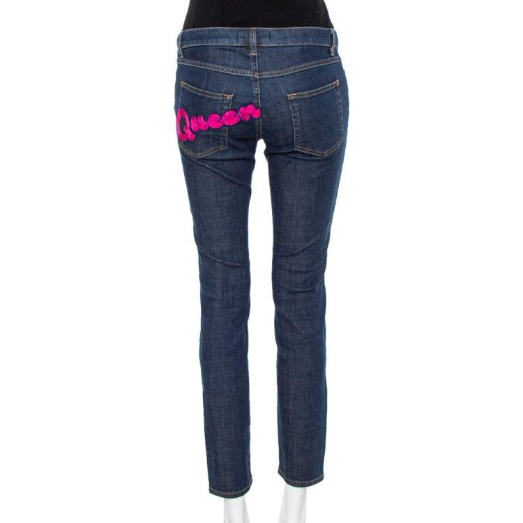 Pre Owned Dolce & Gabbana Navy Blue Denim Contrast Applique Detail Skinny Fit Jeans M