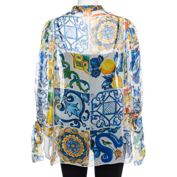Pre Owned Dolce & Gabbana White Majolica Printed Silk Neck Tie Detail Top XL