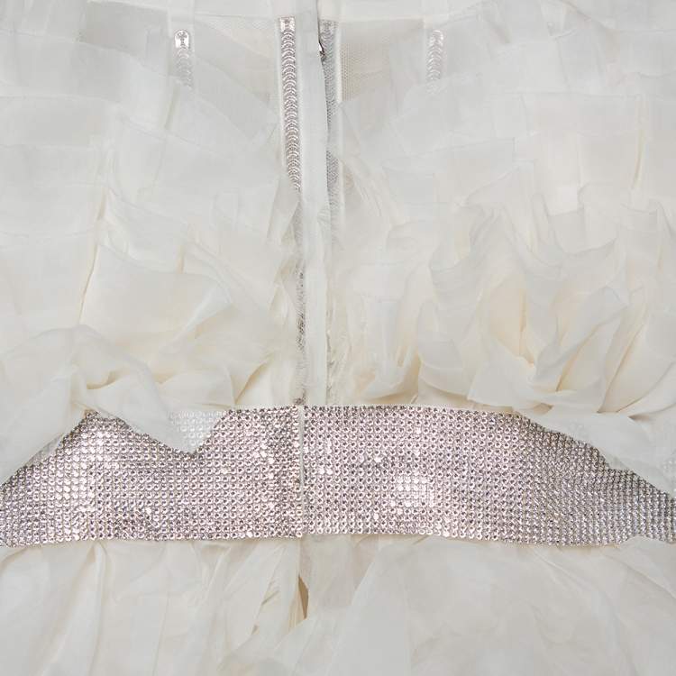 Pre Owned Dolce & Gabbana White Ruffled Silk Embellished Belt Detail Wedding Gown S