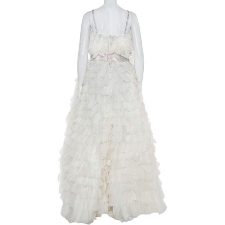 Pre Owned Dolce & Gabbana White Ruffled Silk Embellished Belt Detail Wedding Gown S