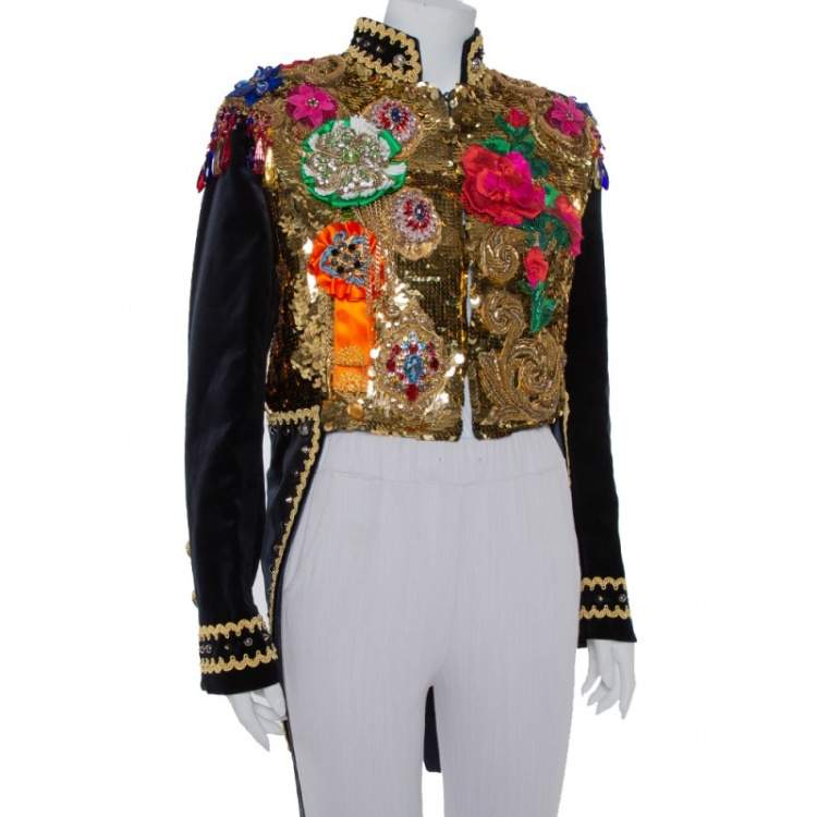 Pre Owned Dolce & Gabbana Navy Blue Floral Sequin Embellished Velvet Tailcoat S