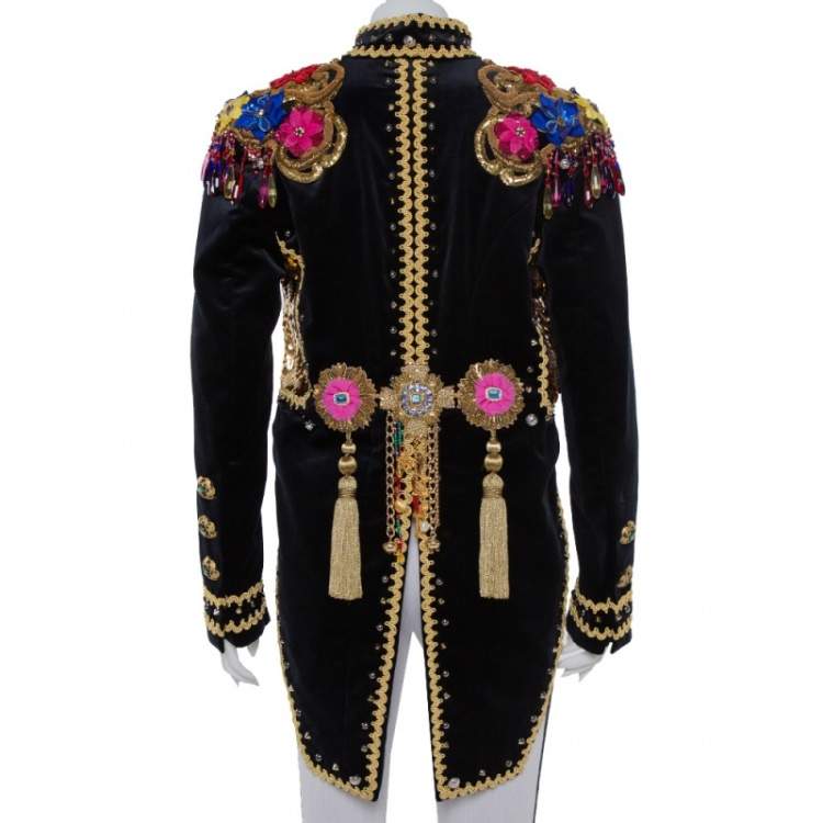Pre Owned Dolce & Gabbana Navy Blue Floral Sequin Embellished Velvet Tailcoat S