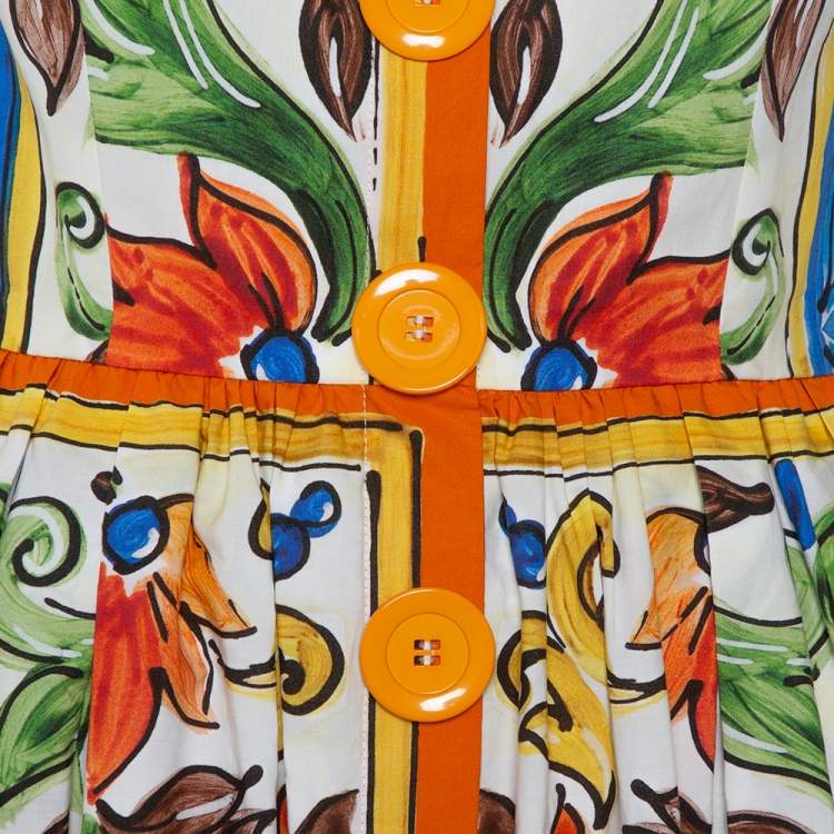 Pre Owned Dolce & Gabbana  White Majolica Printed Cotton Collared Midi Dress S 