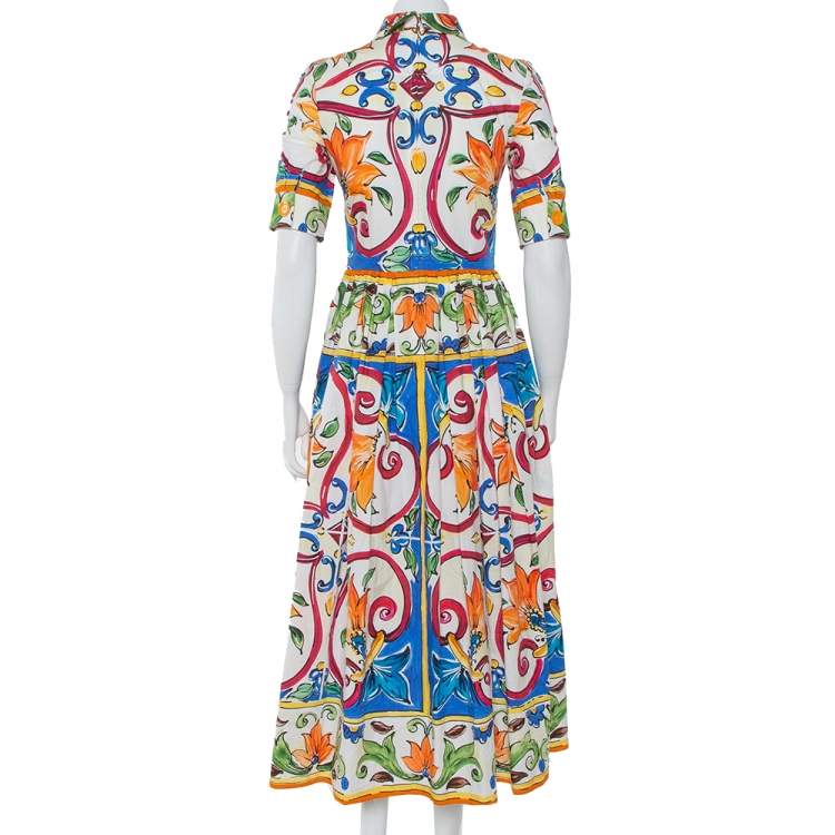 Pre Owned Dolce & Gabbana  White Majolica Printed Cotton Collared Midi Dress S 