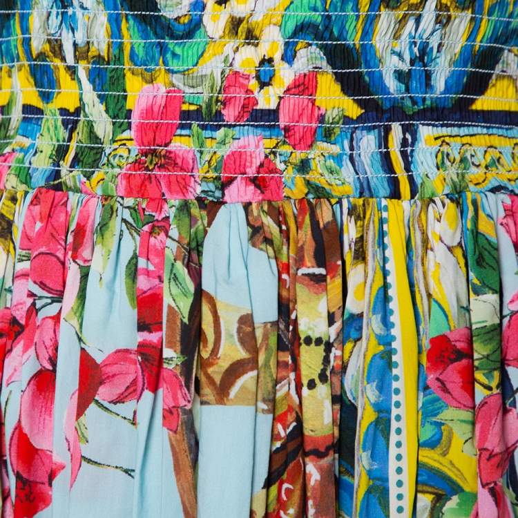 Pre Owned Dolce & Gabbana Floral Print Smocked Waist Sleeveless Cotton Poplin Dress S