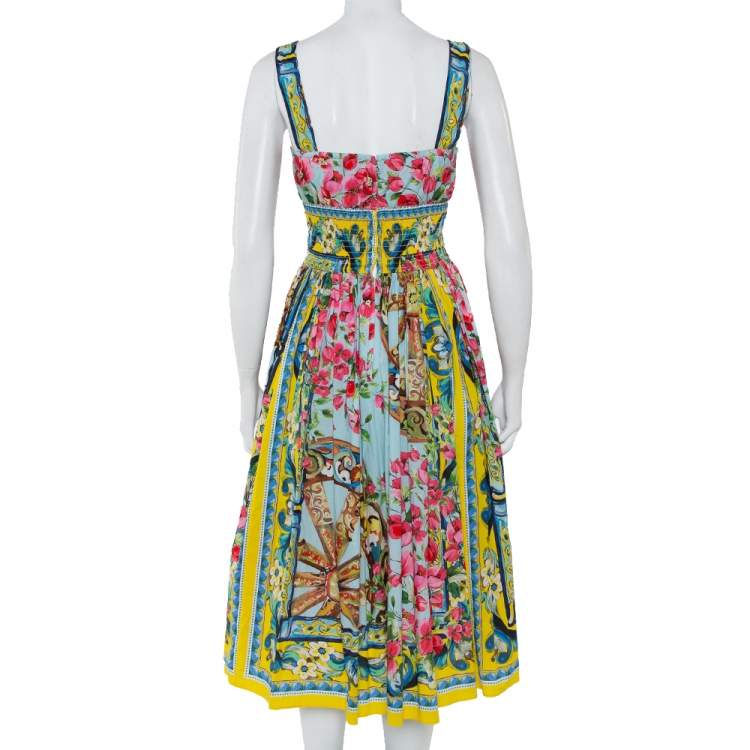 Pre Owned Dolce & Gabbana Floral Print Smocked Waist Sleeveless Cotton Poplin Dress S