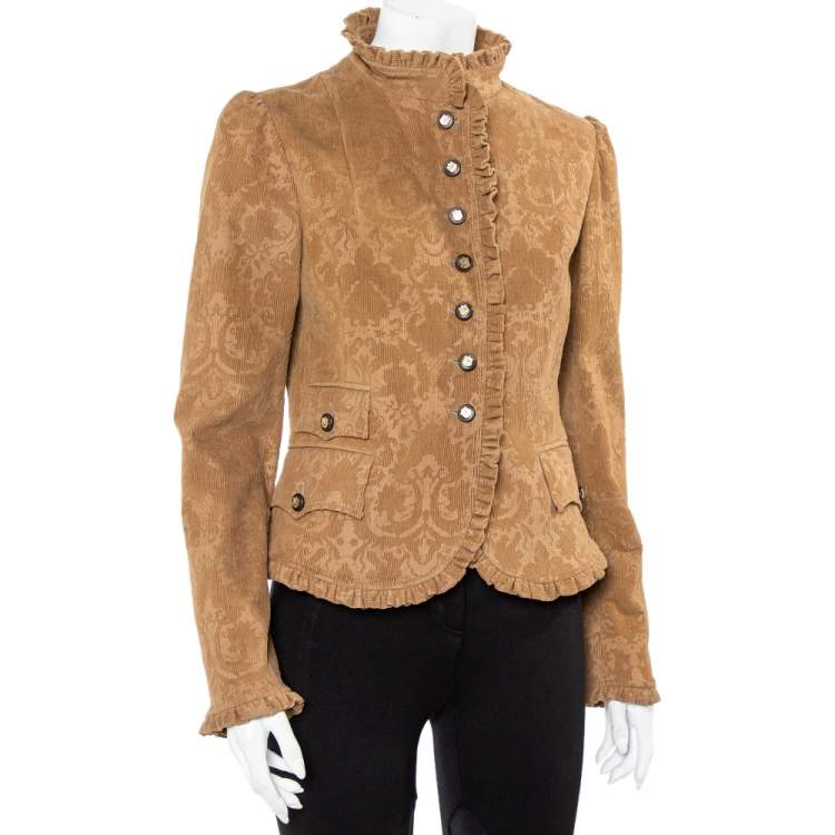 Pre Owned Dolce & Gabbana Brown Corduroy Ruffle Detail Button Front Jacket M