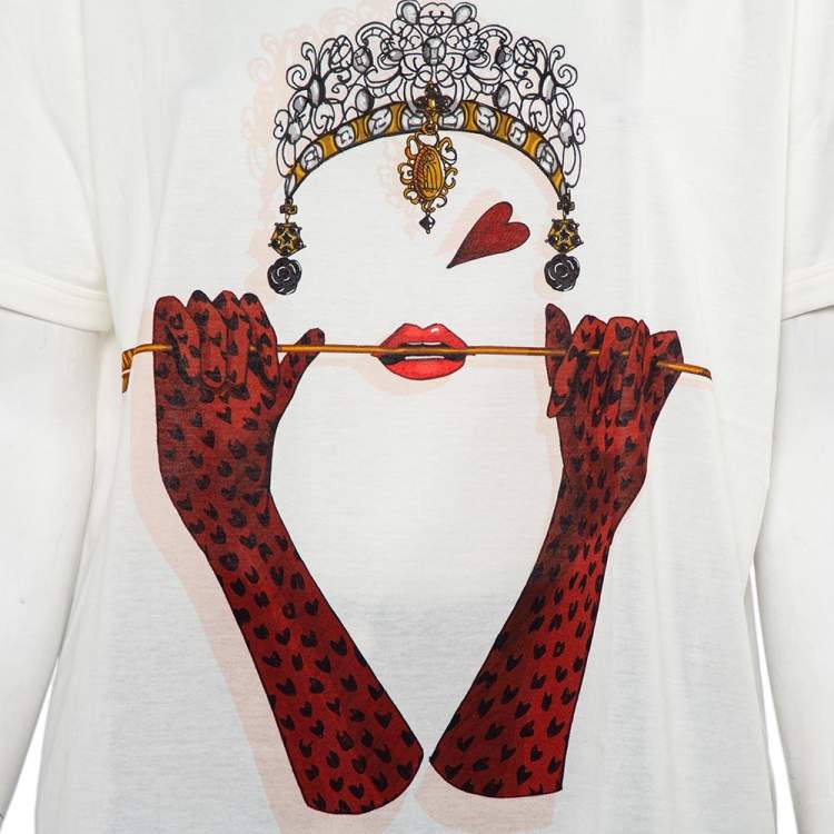 Pre Owned Dolce & Gabbana White Queen of the Hearts Cotton Round Neck T-Shirt XL