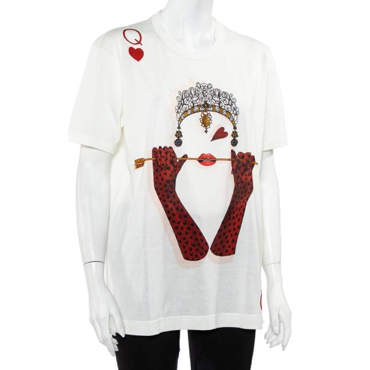Pre Owned Dolce & Gabbana White Queen of the Hearts Cotton Round Neck T-Shirt XL