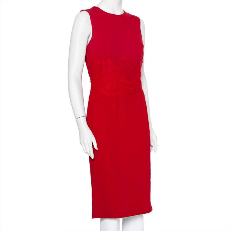 Pre Owned Dolce & Gabbana Red Crepe & Lace Trim Sleeveless Sheath Dress M