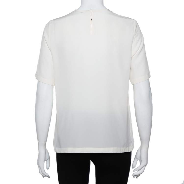 Pre Owned Dolce & Gabbana Cream Silk Silhouette Applique Detail Short Sleeve Top M