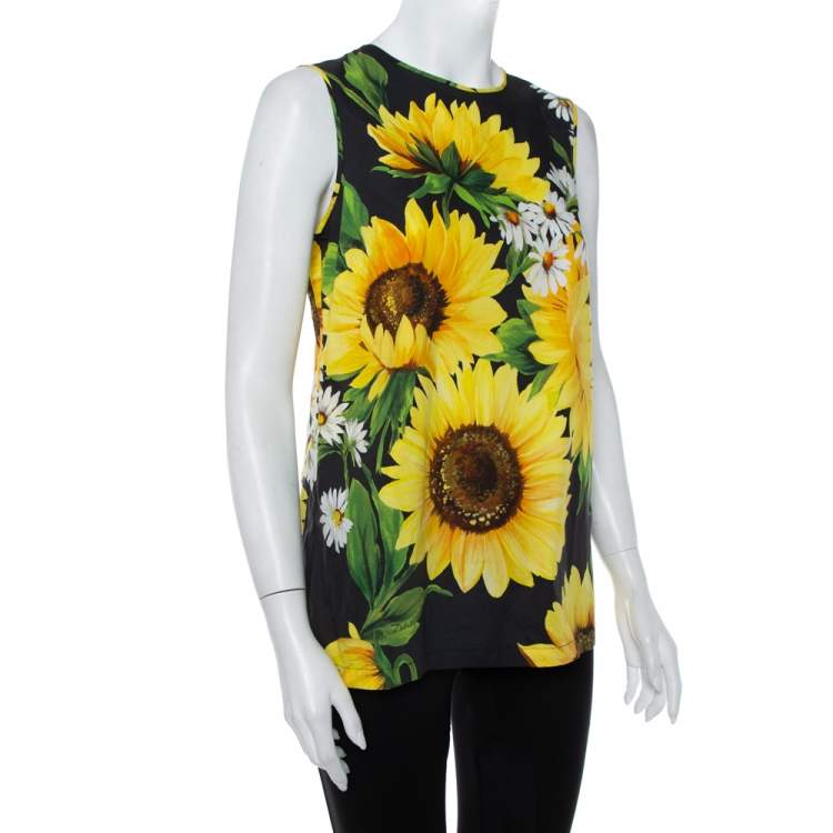 Pre Owned Dolce & Gabbana Black Sunflower Print Cotton Sleeveless Top S