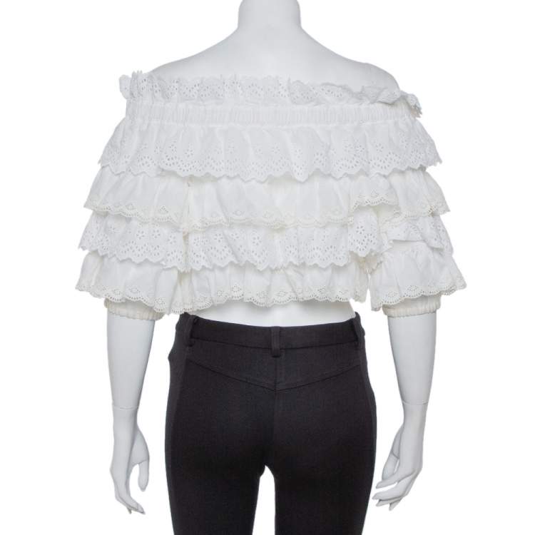 Pre Owned Dolce & Gabbana White Crochet Off Shoulder Crop Top M