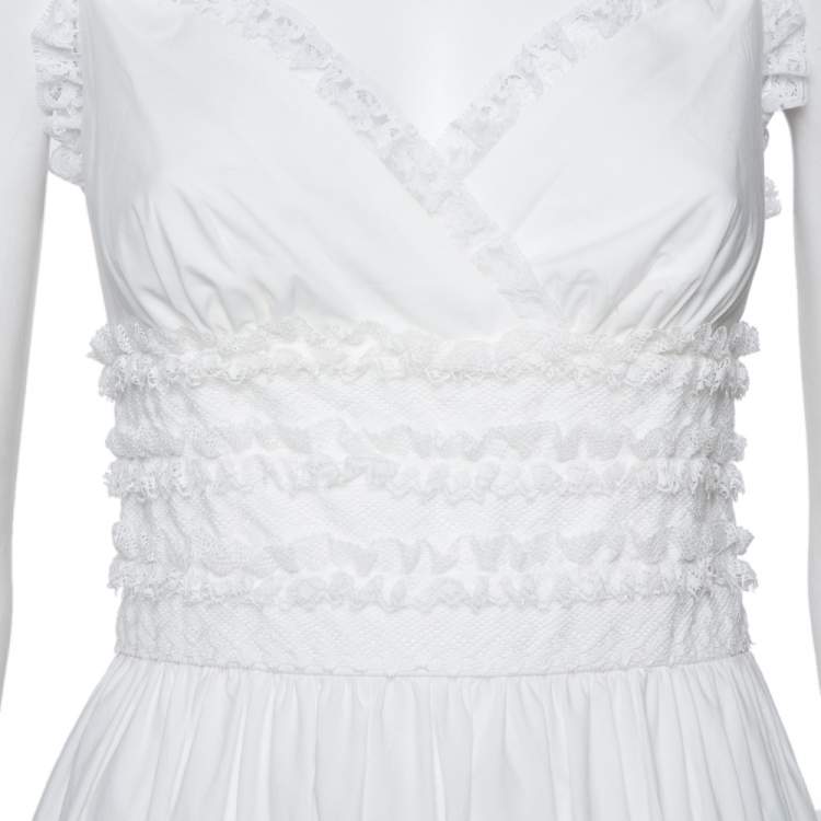 Pre Owned Dolce & Gabbana White Cotton Lace Trim Detail Tiered Mini Dress S
