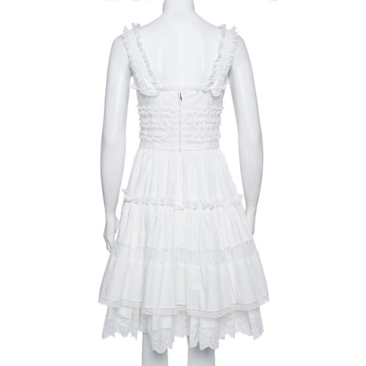 Pre Owned Dolce & Gabbana White Cotton Lace Trim Detail Tiered Mini Dress S