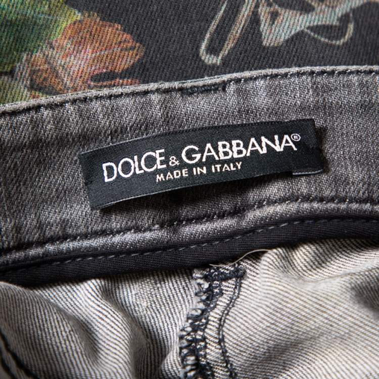 Pre Owned Dolce & Gabbana Grey Denim Grapes Printed Frayed Hem Paneled Bootcut Jeans S