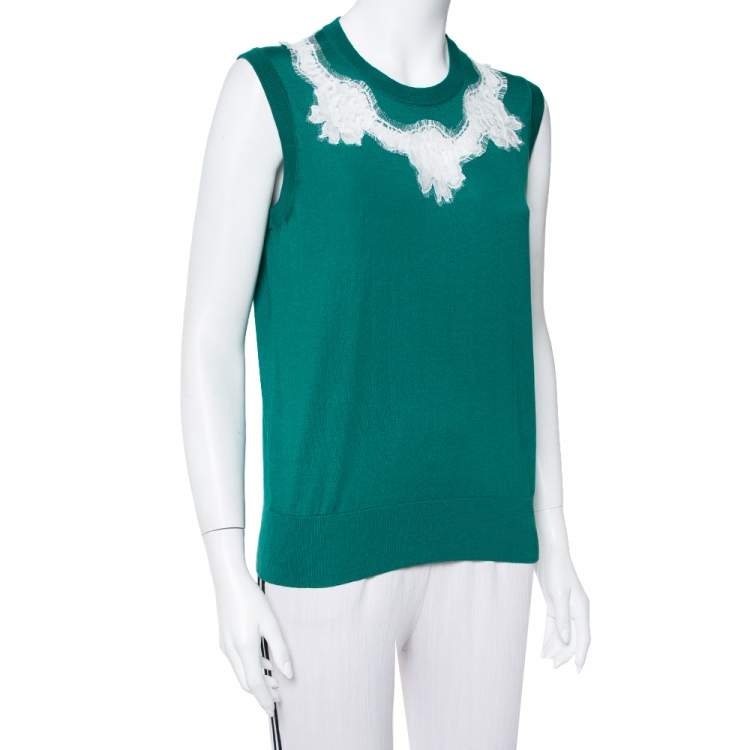 Pre Owned Dolce & Gabbana Green Silk Lace Detail Sleeveless Top L