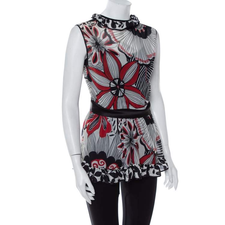 مملوكة مسبقًا Dolce & Gabbana Multicolor Printed Cotton & Silk Ruffle Detail Sleeveless Top M
