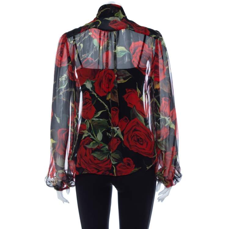 Pre Owned Dolce & Gabbana Black Rose Printed Silk Neck Tie Detail Top L