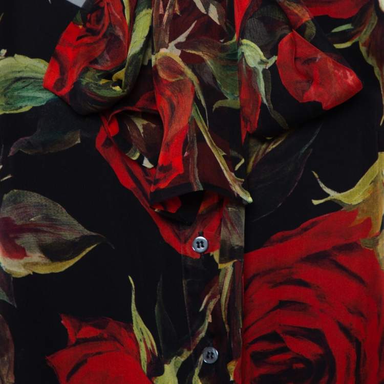 Pre Owned Dolce & Gabbana Black Rose Printed Silk Neck Tie Detail Top L